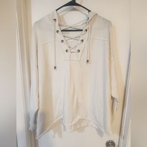 aerie Lace-Up Hooded Pullover in Cream